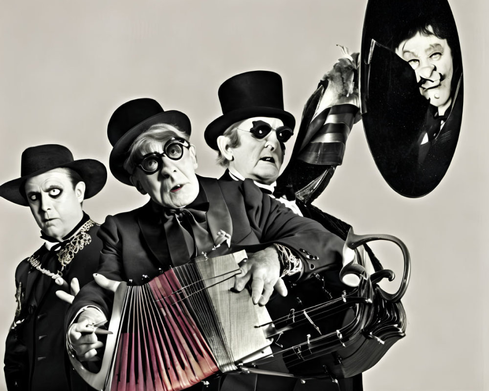 Vintage-style performers with exaggerated expressions in monochrome.