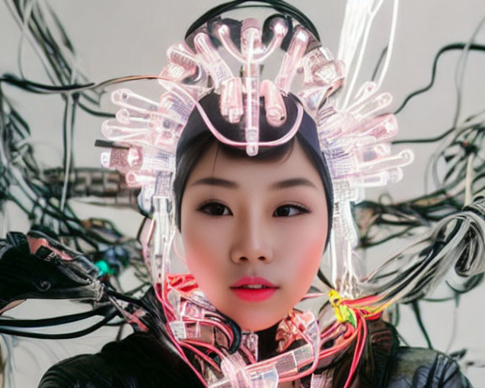 Futuristic woman with neon headpiece and cables in modern setting