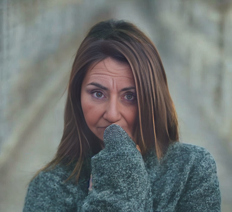 Long-haired woman in teal sweater with hand to mouth, appearing thoughtful or concerned