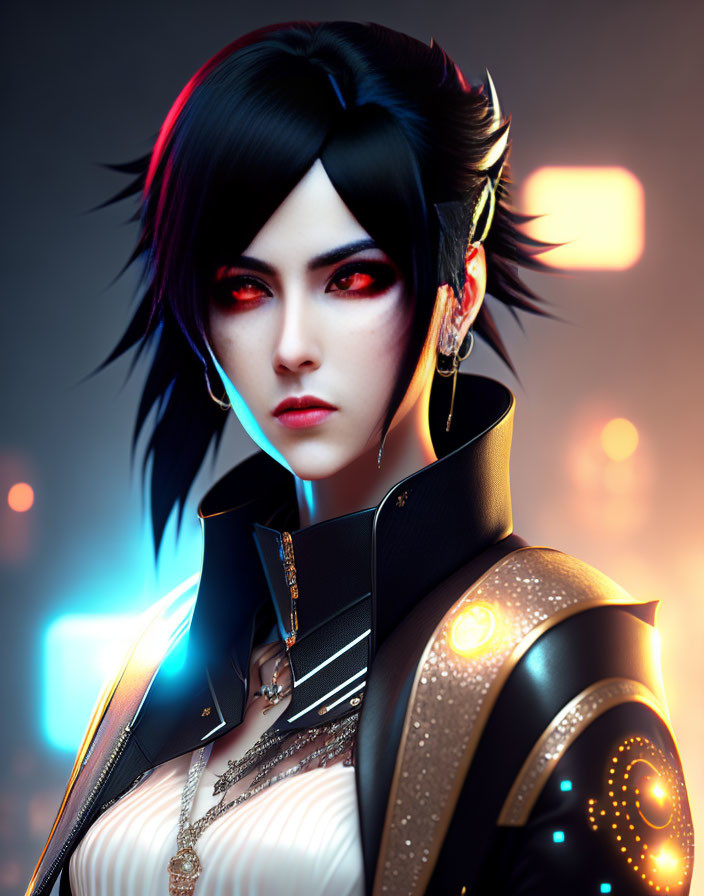 Female character with black hair and red eyes in futuristic clothing against neon-lit backdrop