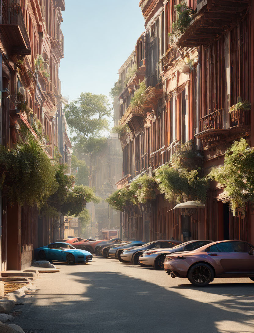 Serene street with classical buildings and modern cars parked.