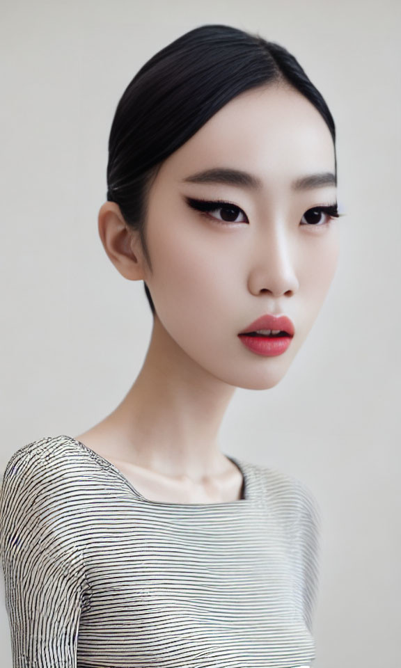 Dark-haired woman with bold makeup in striped top on neutral background