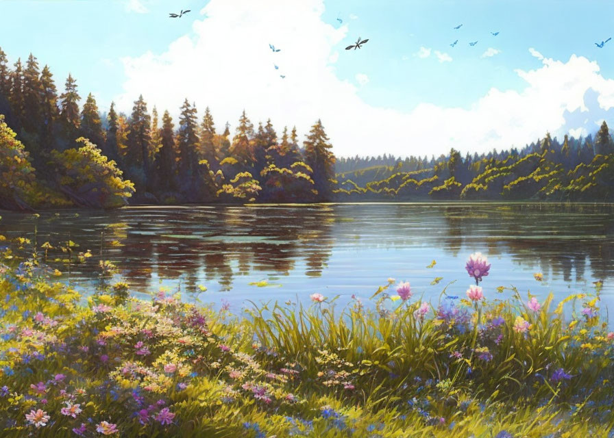 Tranquil lakeside scene with vibrant wildflowers, calm lake, lush trees, and clear sky