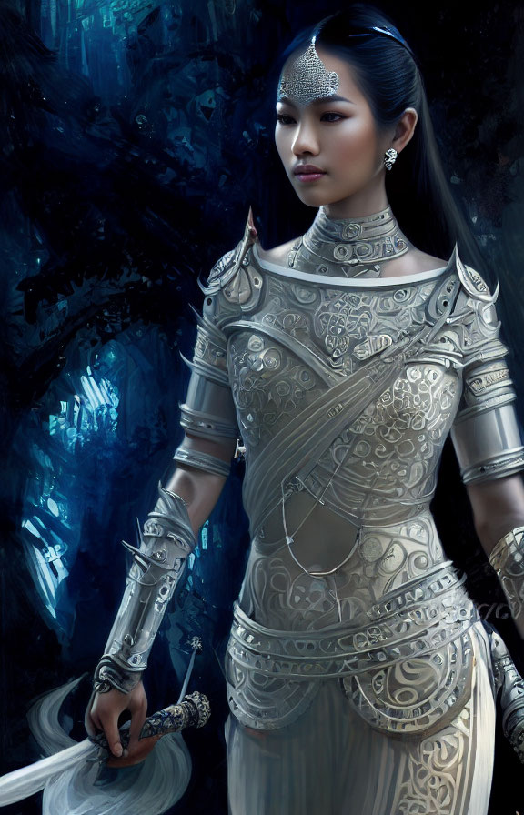 Poised woman in ornate silver armor with intricate designs in dark, blue-toned forest holding white