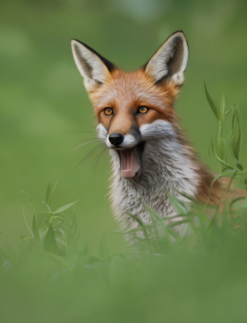 Vibrant red fox in green foliage with pointed ears and tongue out