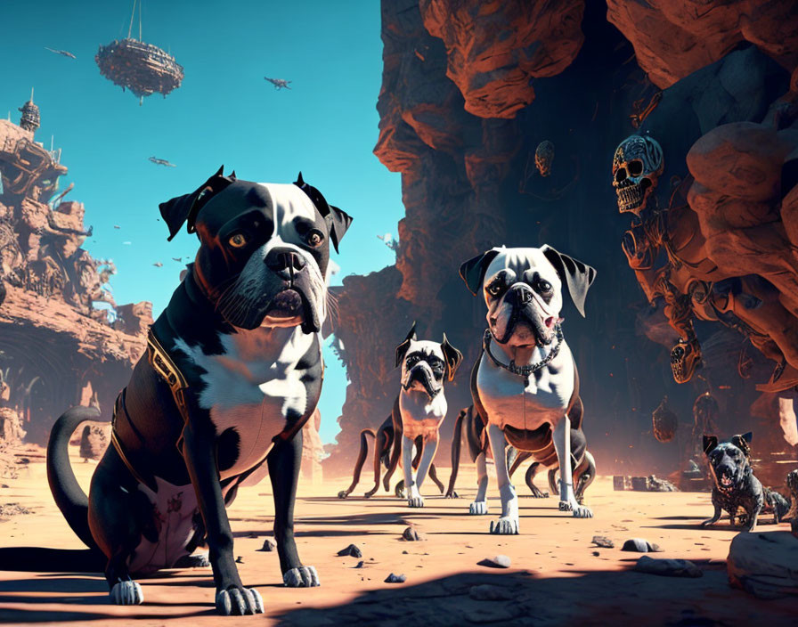 Exaggerated animated dogs in desert landscape with floating islands