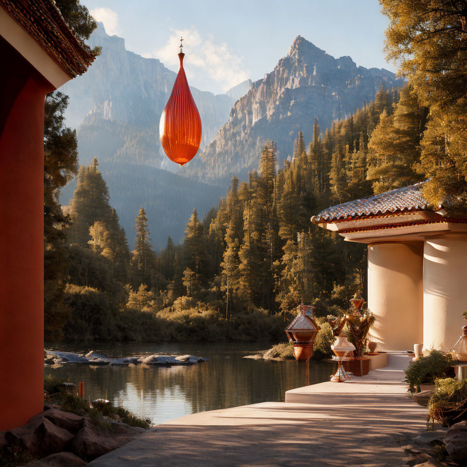 Tranquil lakeside view with elegant building, teardrop lantern, and majestic mountains.