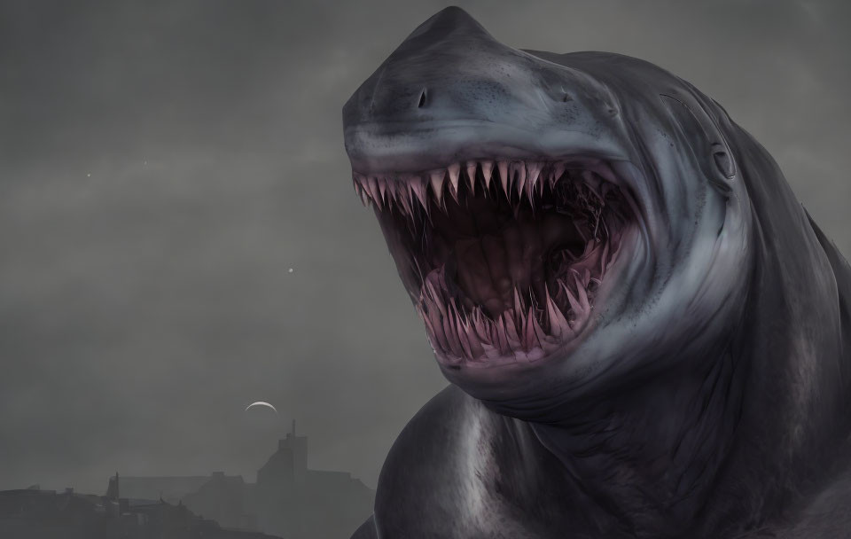 Menacing giant shark with open mouth and sharp teeth in gloomy sky with crescent moon and town