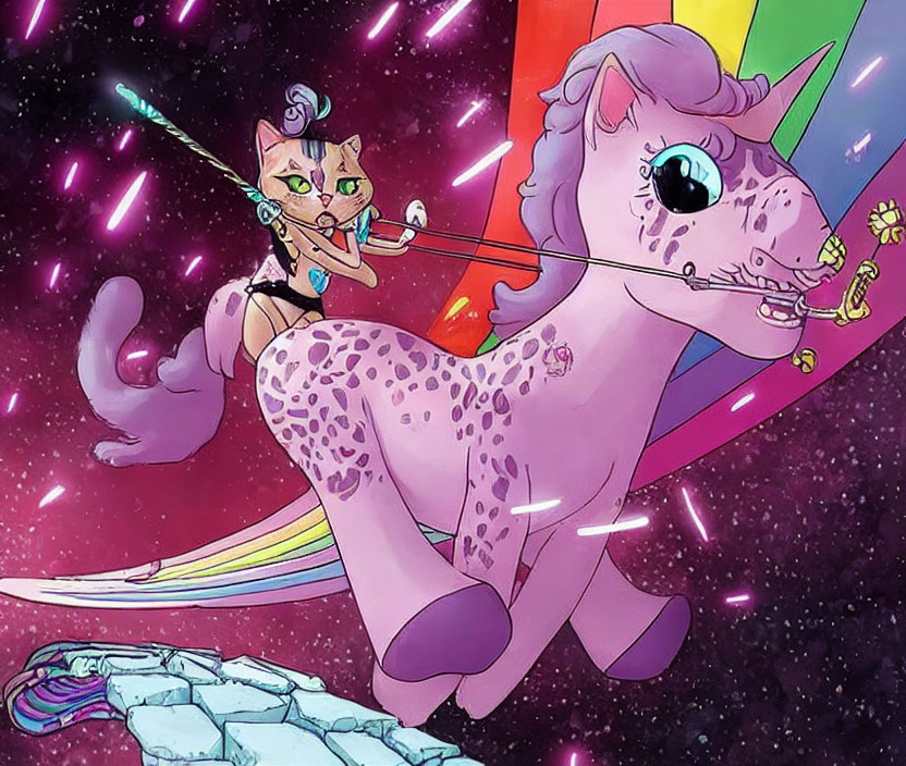 Colorful Space Setting: Cat with Bow on Flying Leopard-Patterned Unicorn