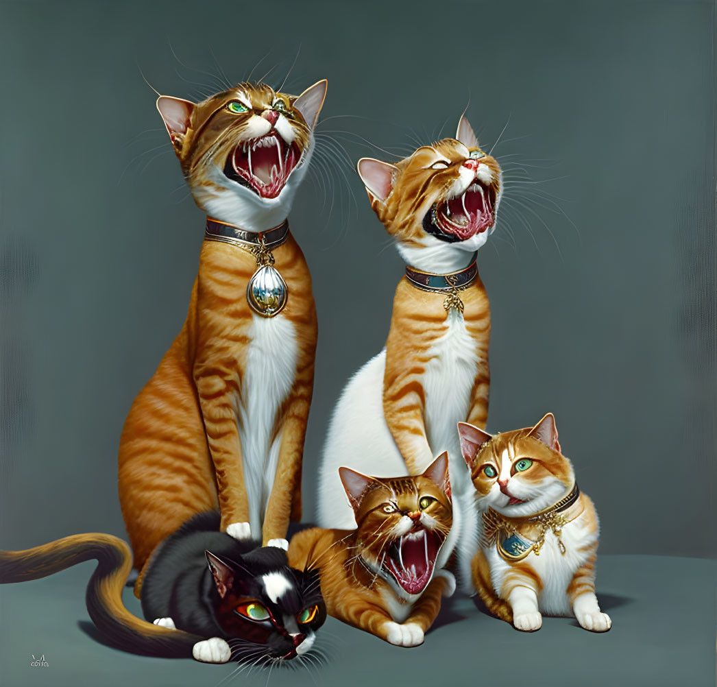 Four animated cats with exaggerated expressions in ornate collars singing and lounging