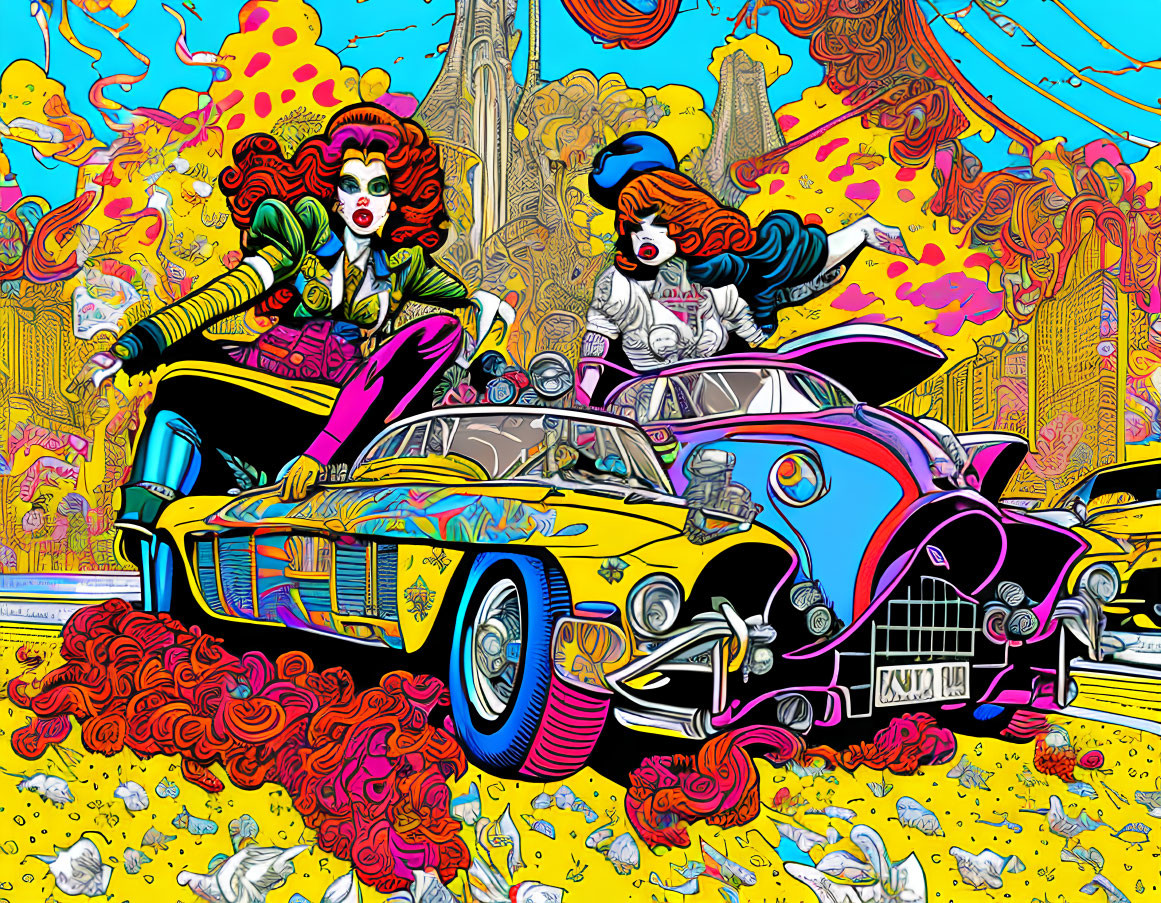 Colorful women posing on classic car with psychedelic background