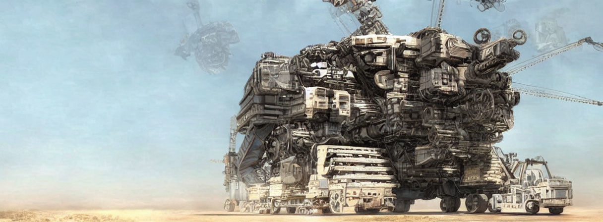 Giant walking mechanical structure in desert with smaller vehicles under hazy sky