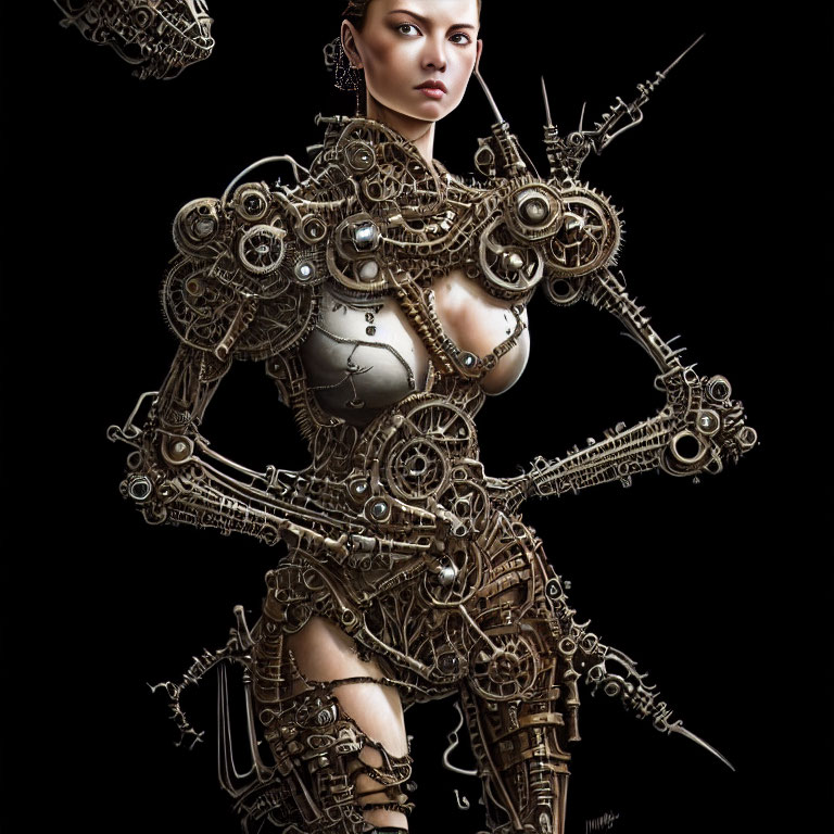 Digital artwork of a woman with clockwork mechanical armature