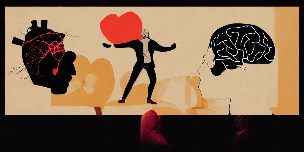 Person balancing on tightrope between heart and brain heads.