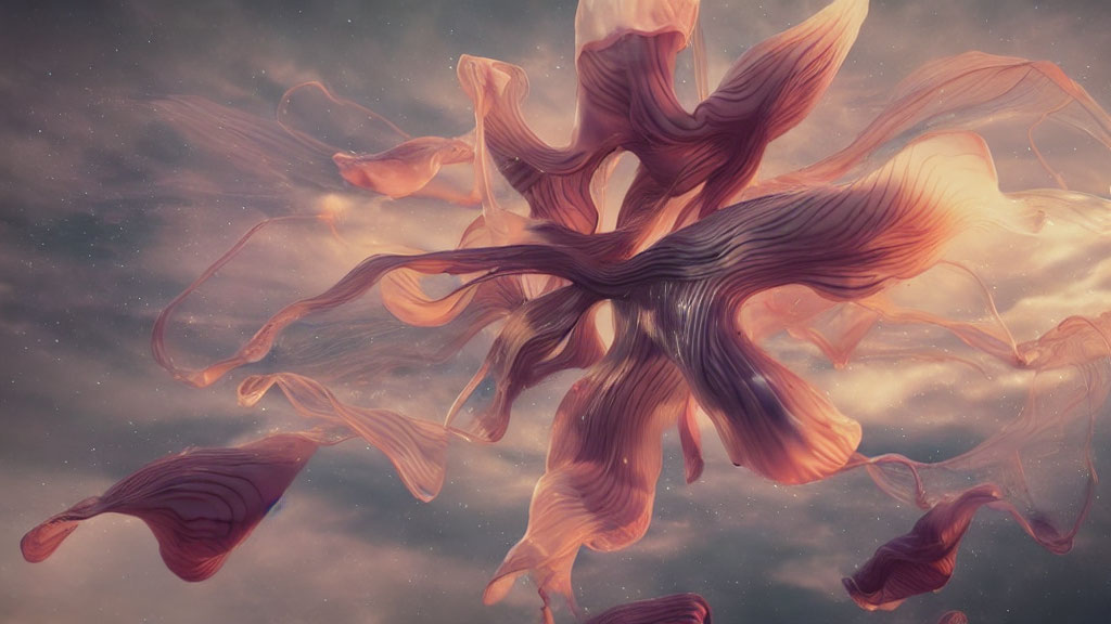 Surreal floating structure with petal-like extensions in cloudy sky