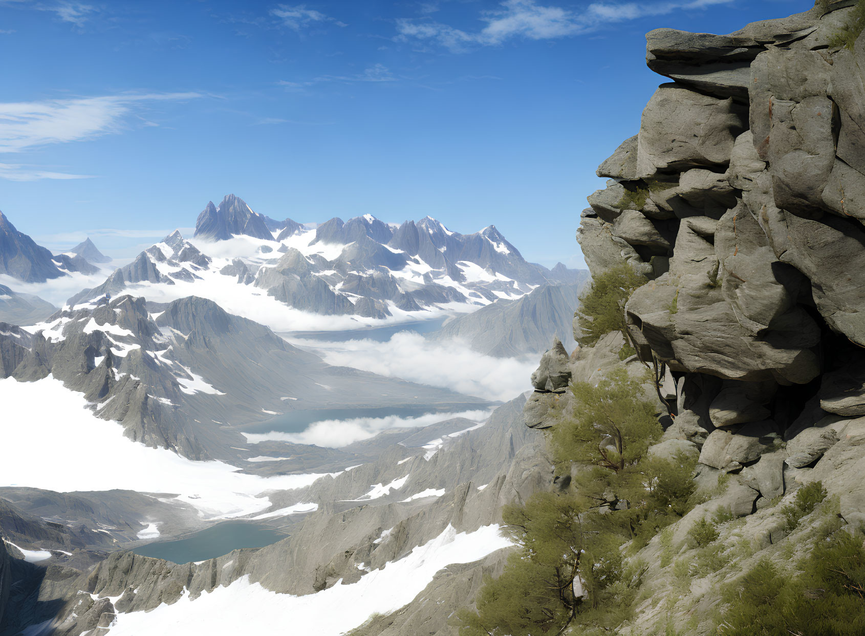 Panoramic Mountain Landscape with Jagged Peaks and Glacier Valley