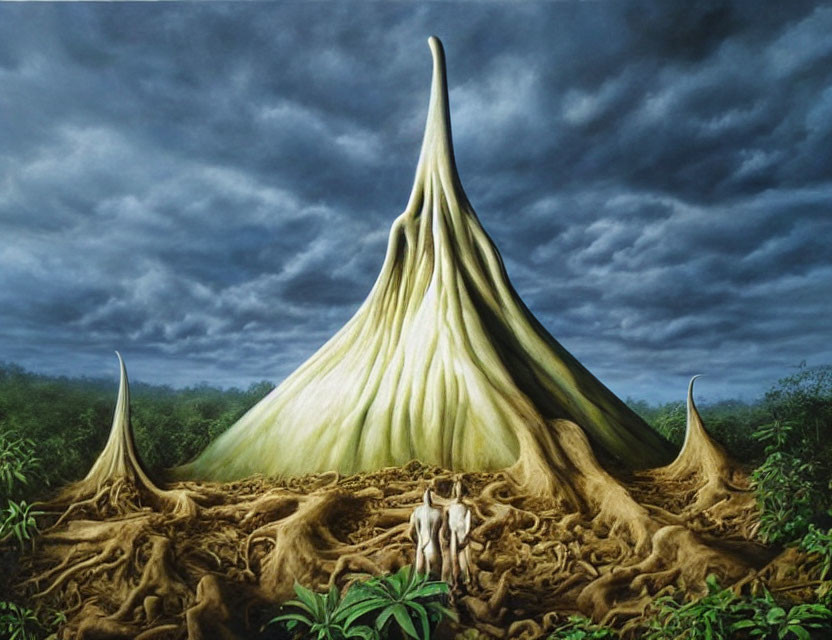 Surreal painting of dog with cone-shaped structures in stormy landscape