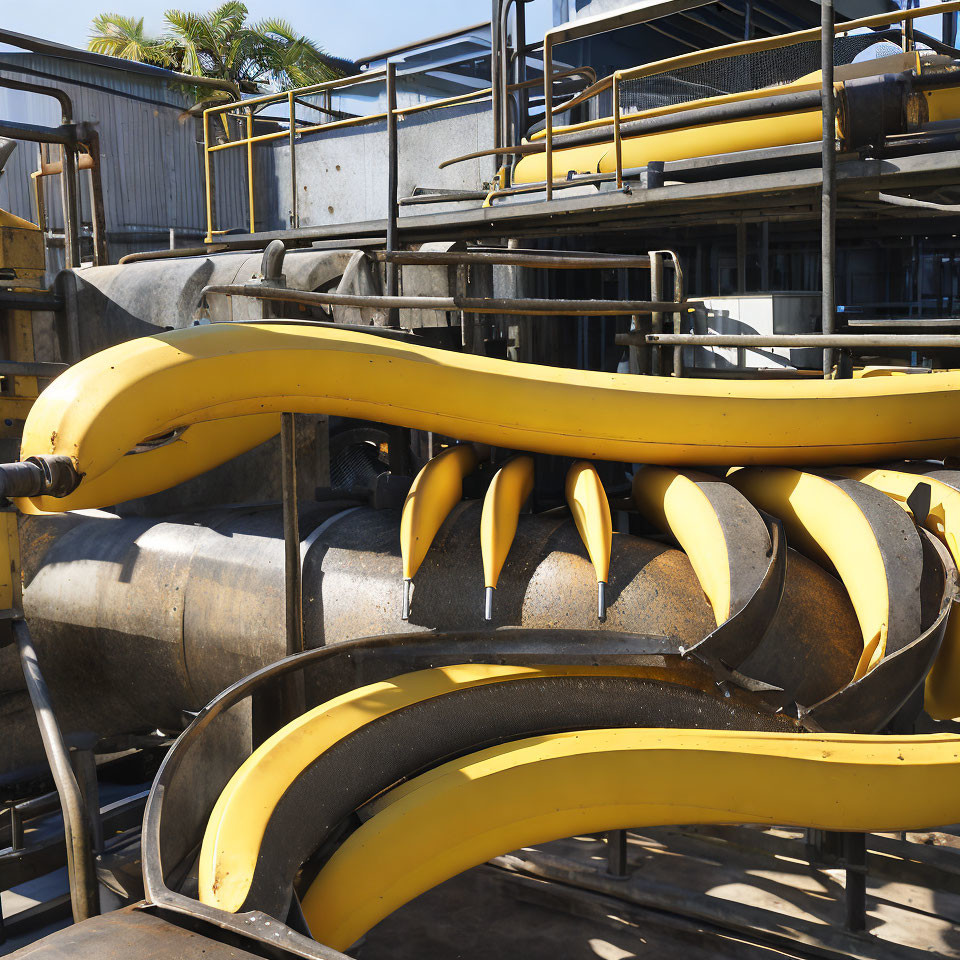 Yellow curved pipe sections at industrial site with metal structures.