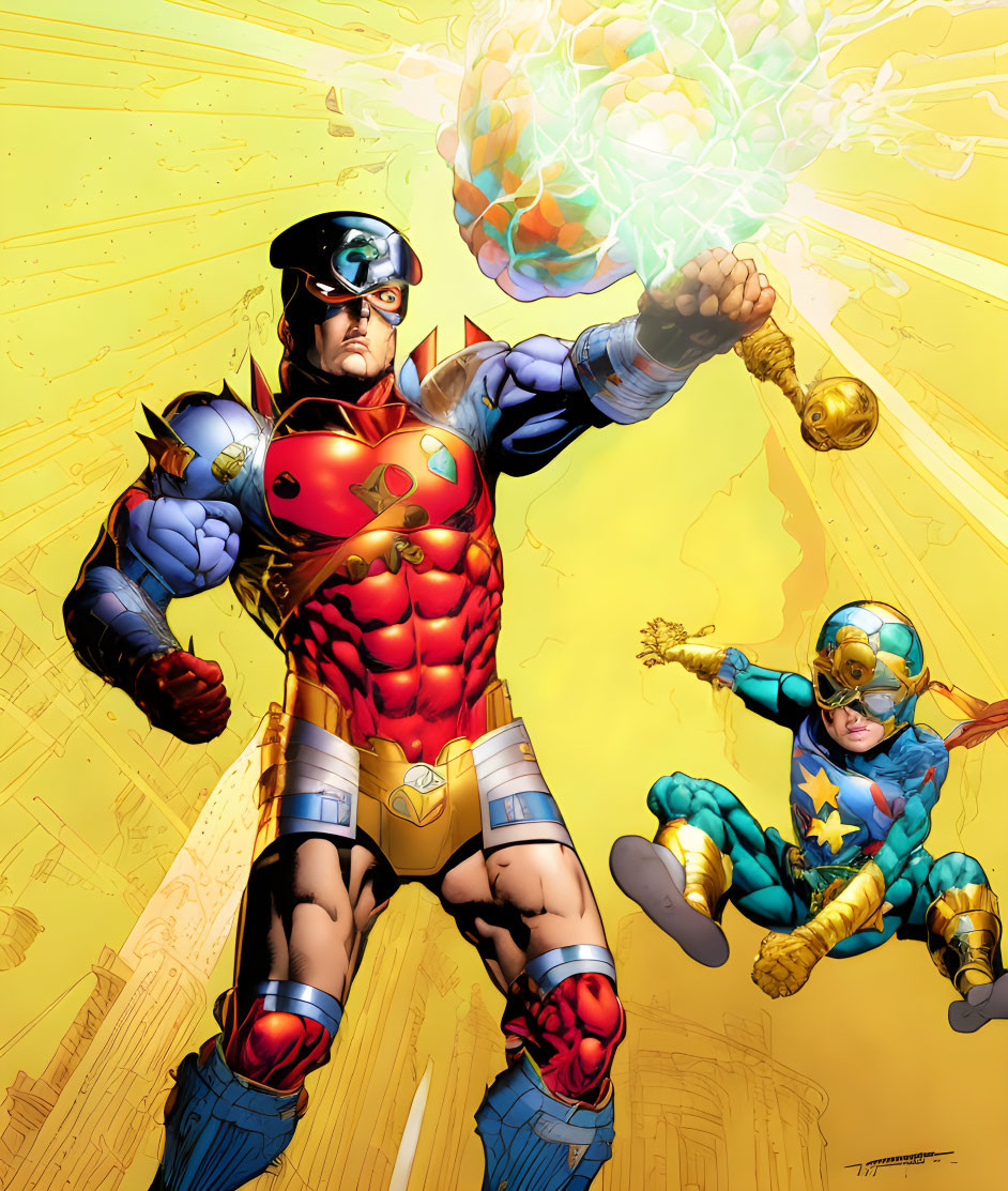 Vibrant superhero costumes with cosmic hammer and flying hero on explosive yellow backdrop