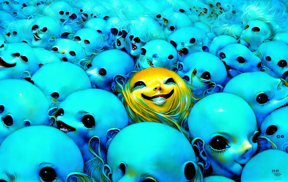 Surreal artwork: sea of blue alien faces, one smiling yellow face