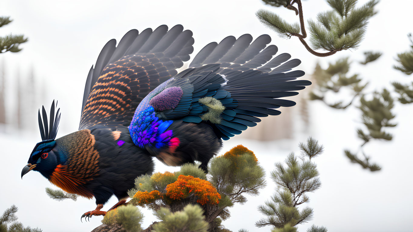 Colorful bird with elaborate plumage on snowy pine branch