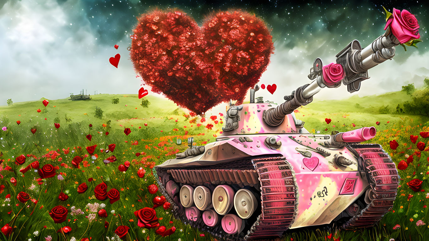 Pink tank fires heart-shaped explosion in flower-filled meadow