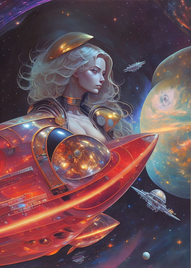 Ethereal woman piloting futuristic spaceship in cosmic scene