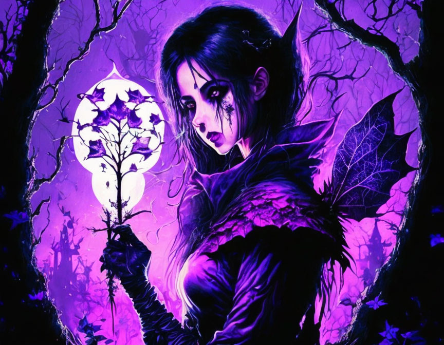 Gothic fantasy illustration: Woman in purple attire with luminescent flower in violet forest