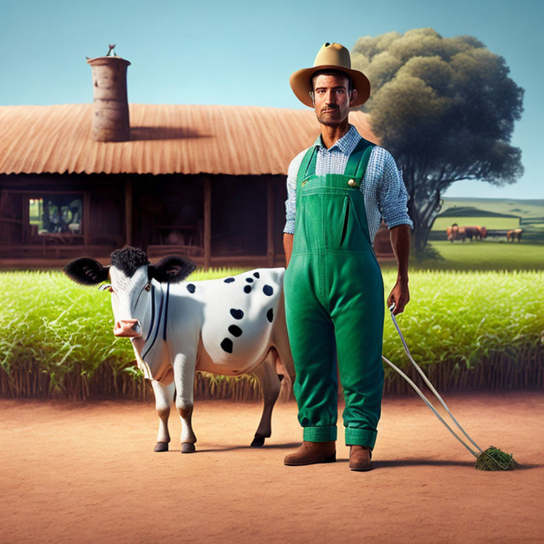 Farmer with cow and pitchfork in rural landscape with barn and wheat field