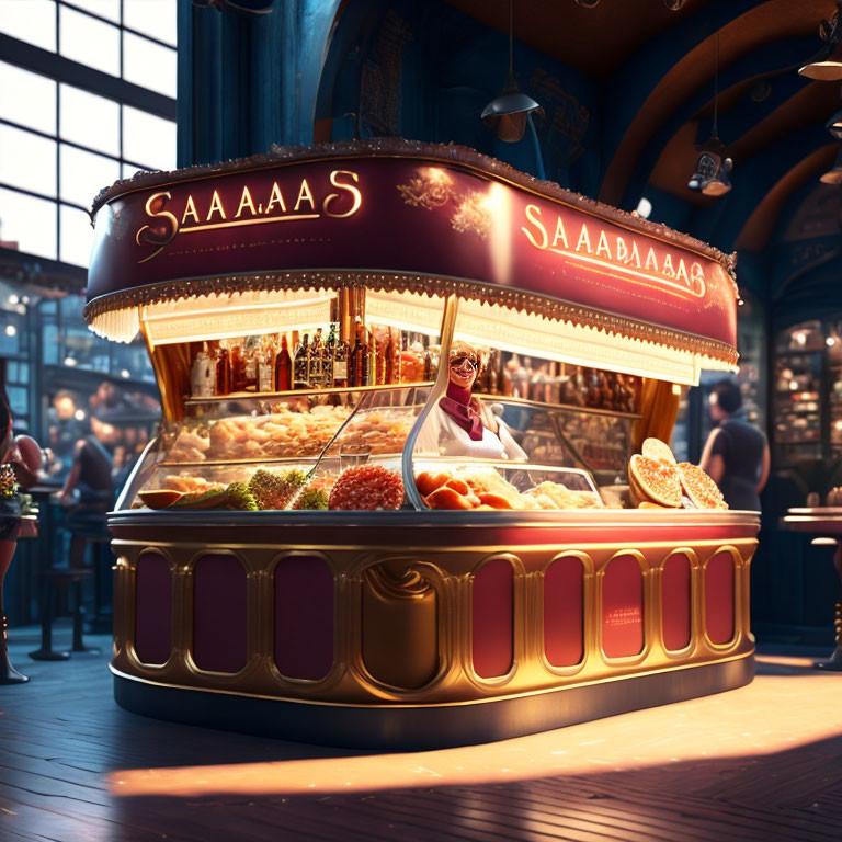 Colorful food stall with various dishes and warm lighting, vendor smiling in busy indoor scene