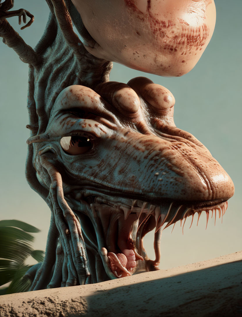 Detailed CGI fantasy reptilian creature with sharp teeth and multiple eyes against sky and palm trees.