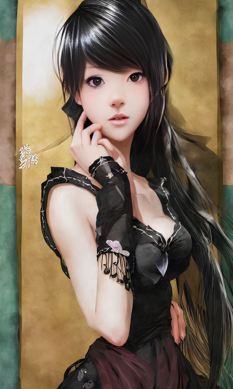 Digital artwork: Young woman with large eyes, long black hair, dark lace outfit