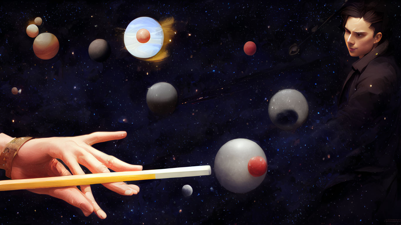 Digital illustration of person in dark attire conducting celestial bodies with a baton against starry backdrop