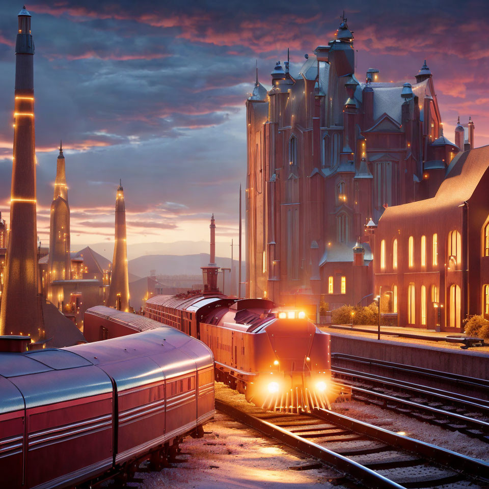 Twilight train with lights near industrial buildings