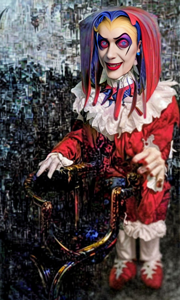 Colorful jester costume and makeup on person sitting in ornate chair against abstract background