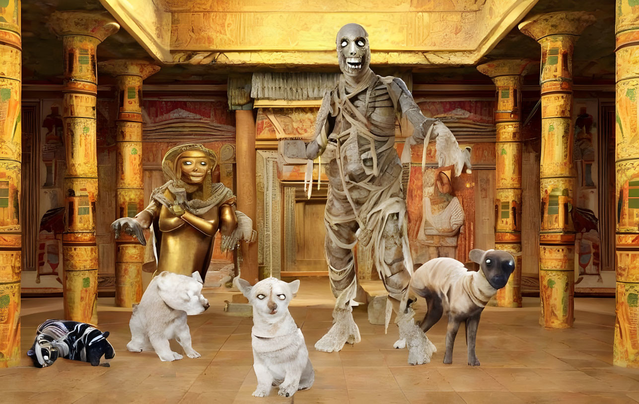 Ancient Egyptian-themed mummy centerpiece with sarcophagus, hieroglyphs, and puzzled dogs