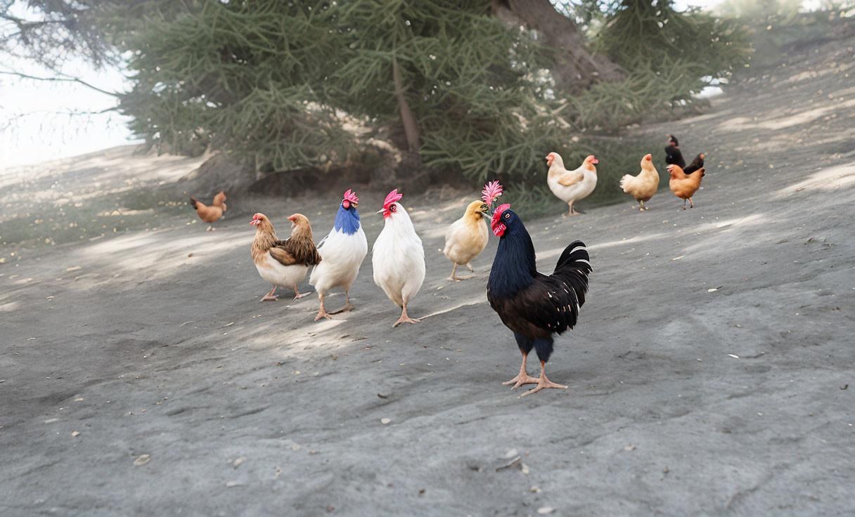 Flock of chickens with black rooster on dirt ground with trees