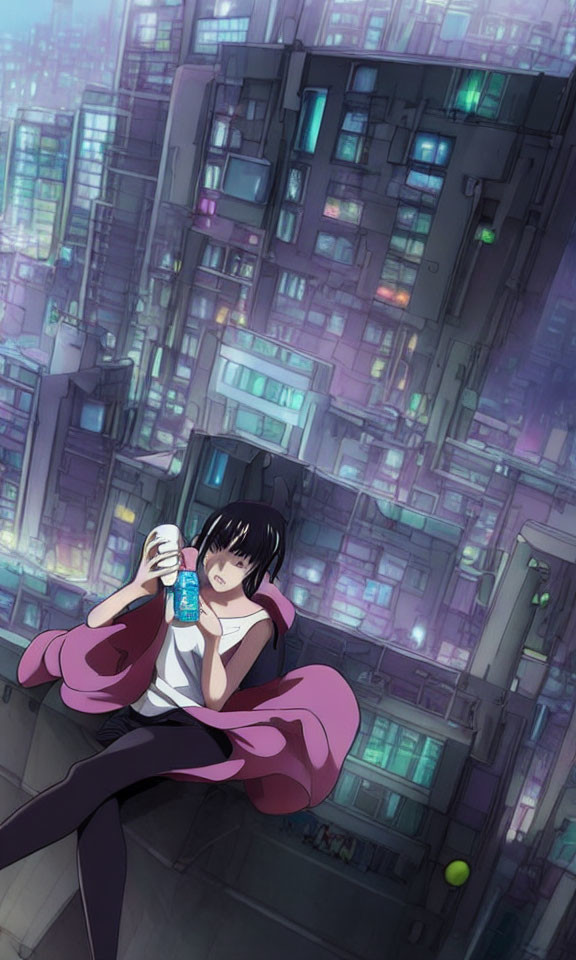 Young anime girl with glowing blue bottle in futuristic cityscape