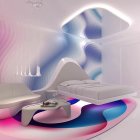 Modern bedroom with white bed, abstract art, pink and blue lighting, floating shelves, immersive ceiling display