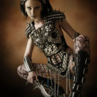 Fantasy armor woman with metallic spikes and fur accents on warm-toned backdrop