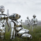 Silver humanoid robots in grassy field with industrial chimneys.