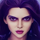 Close-up 3D animated female character with purple eyes, winged eyeliner, dark lips,