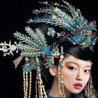 Traditional Chinese headdress with intricate patterns and feathers on dark background