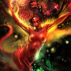 Dark-haired woman dancing in vibrant, fiery flora with green lights