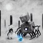 Girl with umbrella walks next to spider-like robot in rainy cityscape with blue flower.