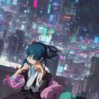 Young anime girl with glowing blue bottle in futuristic cityscape