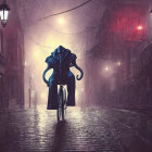 Surreal octopus in suit riding bicycle on misty cobblestone street