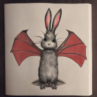 Illustrated creature: Rabbit body, bat-like wings, playful expression on open book page