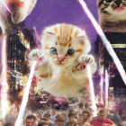 Giant Kittens Collage with People, Dramatic Lighting, and Cosmic Background