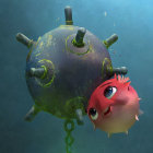 Red Cartoon Fish Observing Rusty Underwater Mine